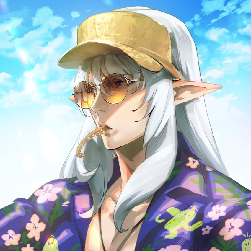 1boy alternate_costume cloud cloudy_sky collarbone collared_shirt commentary_request eating elezen elf estinien_varlineau eyes_visible_through_eyewear final_fantasy final_fantasy_xiv food_in_mouth grey_hair hawaiian_shirt highres kin_mokusei long_hair male_focus octopus open_clothes open_shirt orange-tinted_eyewear outdoors pointy_ears rimless_eyewear round_eyewear shirt sidelocks sky solo sunglasses tinted_eyewear upper_body visor_cap white_hair