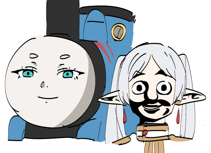 1boy 1girl aqua_eyes commentary crossover earrings elf faceswap floating_earring frieren jewelry locomotive looking_at_viewer mechanization parted_bangs personification perutore pointy_ears sanpaku shaded_face simple_background smile sousou_no_frieren staring steam_locomotive teeth thomas_the_tank_engine thomas_the_tank_engine_(character) train twintails upper_teeth_only what white_background