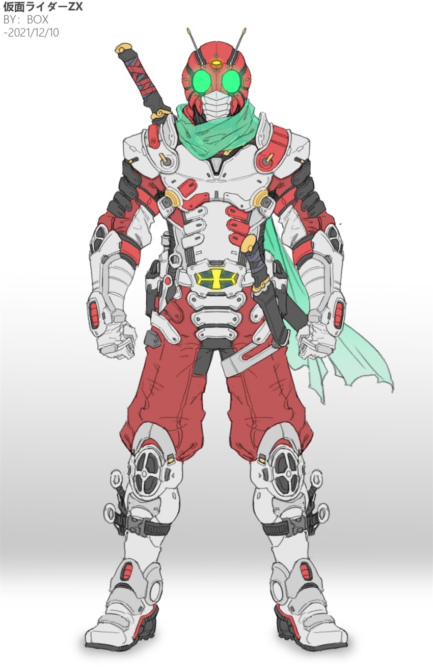 1boy antennae armor armored_boots boots chinese_commentary commentary_request dagger full_body gauntlets glowing glowing_eyes green_eyes green_scarf highres kamen_rider kamen_rider_zx knife male_focus mask pants red_armor red_mask red_pants scarf shoulder_armor simple_background solo standing sword sword_on_back weapon weapon_on_back white_armor white_background white_boots xiangzi_box