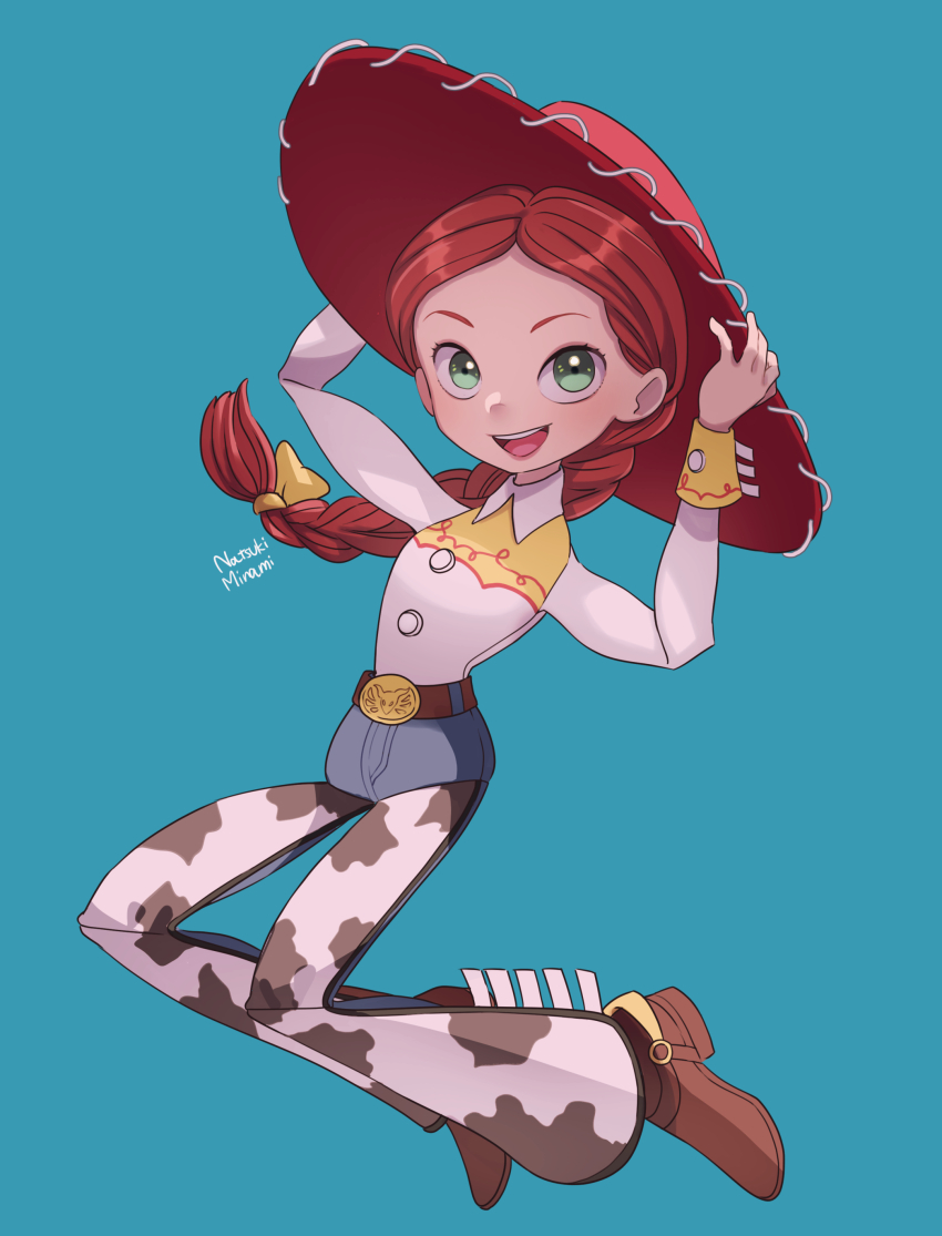 1girl absurdres belt braid breasts cosplay cowboy cowboy_hat cowboy_western green_eyes hat highres jessie_the_yodeling_cowgirl long_hair looking_at_viewer natsuki_nori red_hair simple_background single_braid smile toy_story western