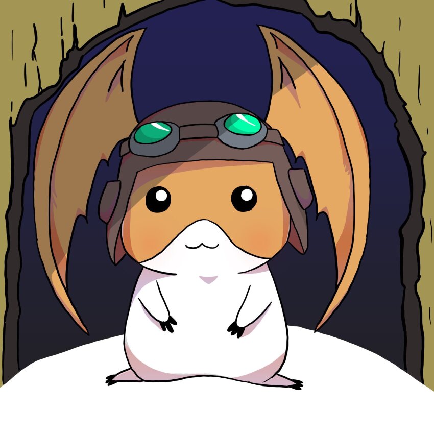 black_eyes digimon fusion goggles goggles_on_head highres legendz looking_at_viewer patamon shiron_(legendz) smile wings