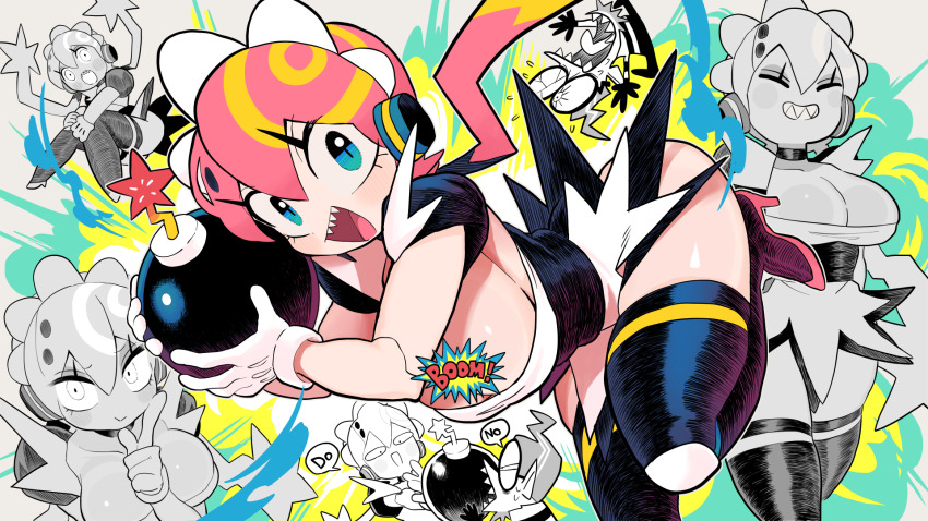 1boy 1girl :d :o black_thighhighs blonde_hair blue_eyes bomb bommina bommina_the_maidroid breasts broken_eyewear closed_mouth explosive eyelashes flying_sweatdrops gashi-gashi gloves grin high_heels highres holding holding_bomb lit_fuse long_hair multicolored_hair multiple_views open_mouth pink_hair pink_shoes pointy_ears round_eyewear sharp_teeth shiny_skin shoes smile sound_effects speech_bubble teeth thighhighs thighs tongue twintails two-tone_hair