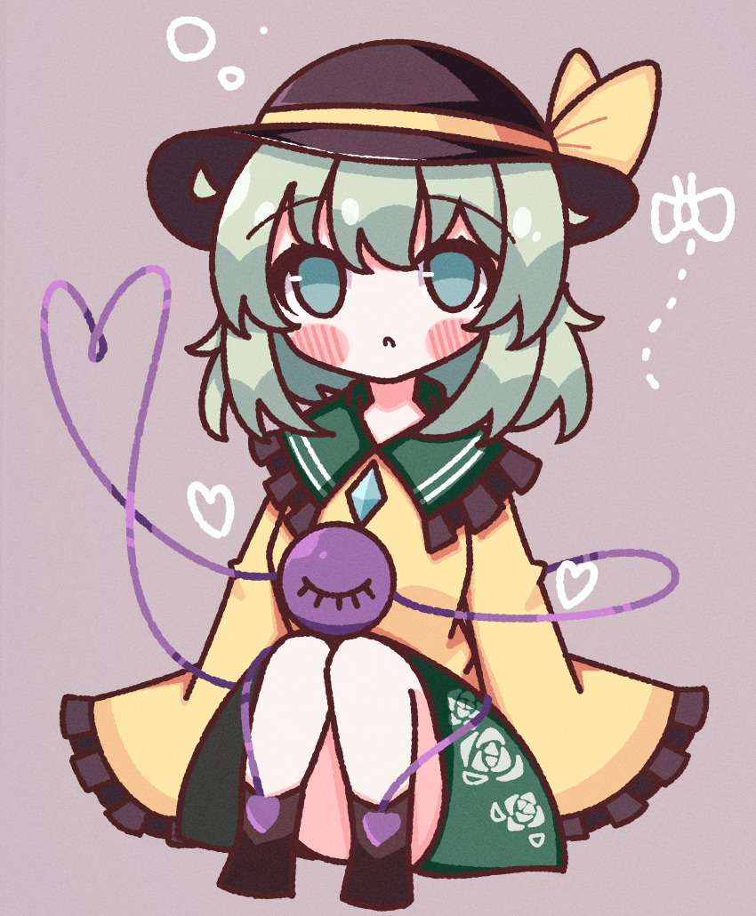 1girl :&lt; absurdres black_hat blush blush_stickers bow buttons diamond_button floral_print frilled_shirt_collar frilled_sleeves frills green_eyes green_hair green_skirt hat hat_bow heart heart_of_string highres komeiji_koishi light_green_hair long_sleeves medium_hair rose_print shirt simple_background sitting skirt sleeves_past_wrists solo third_eye touhou waroemon yellow_bow yellow_shirt