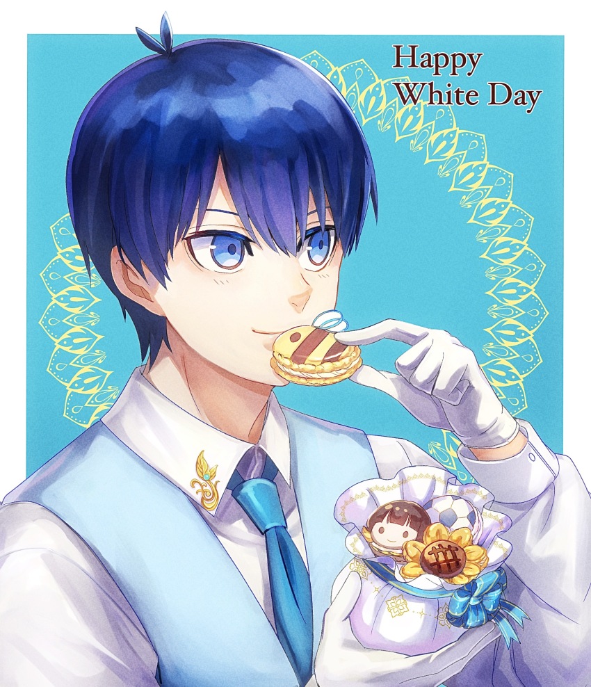 1boy bachira_meguru ball bee blue_eyes blue_hair blue_lock blue_necktie blue_vest bug collared_shirt commentary_request flower food gloves highres holding holding_food insect isagi_yoichi male_focus necktie partial_commentary shirt short_hair soccer_ball solo sunflower upper_body vest white_gloves white_shirt yune525neko