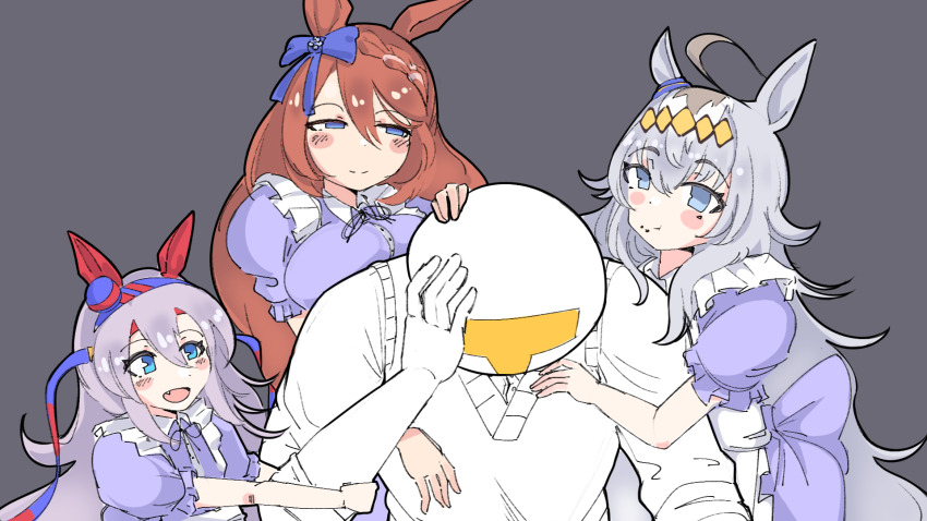 1boy 3girls alternate_costume animal_ears bald black_souls black_souls_2 blue_bow blue_eyes blush bow brown_hair closed_mouth colored_skin commentary dress ear_covers enmaided facepalm food food_on_face grey_background grey_hair hair_bow highres horse_ears horse_tail long_hair looking_at_another maid manny_mcmannington meme multiple_girls oguri_cap_(umamusume) purple_dress simple_background smile super_creek_(umamusume) sweater_vest t-head_trainer_(umamusume) tail tamamo_cross_(umamusume) trainer_(umamusume) umamusume upper_body where_is_alice_(meme) white_skin