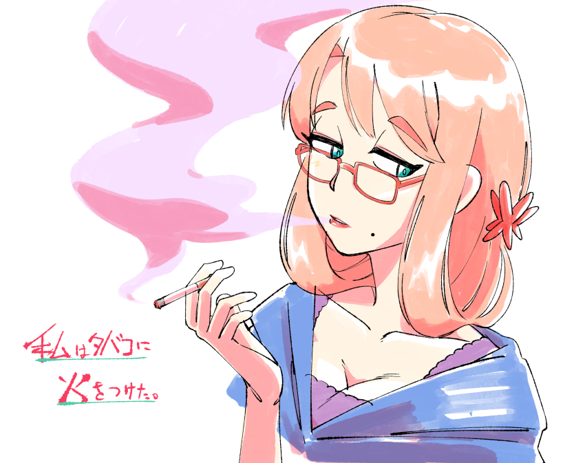 1girl blue_eyes blue_shirt breasts cigarette cleavage commentary_request glasses haruno_sora highres holding holding_cigarette long_hair medium_breasts mole mole_under_mouth pink_hair red-framed_eyewear shirt simple_background smoke smoking solo translation_request ukiwagirl upper_body vocaloid white_background