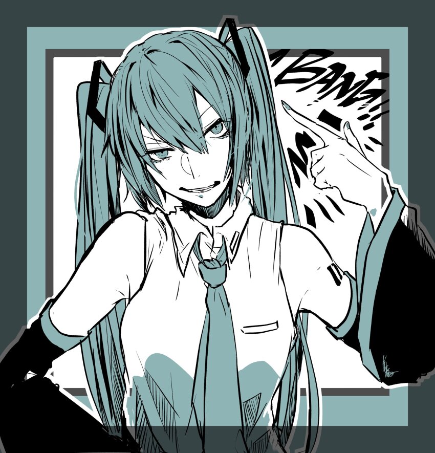1girl aqua_eyes aqua_hair aqua_necktie armpits bang_(gesture) breasts clenched_teeth cowboy_shot detached_sleeves finger_gun finger_gun_to_head hair_between_eyes hatsune_miku head_tilt highres katai_uji limited_palette long_hair long_sleeves necktie parted_lips pointing shirt short_sleeves small_breasts solo teeth twintails very_long_hair vocaloid white_shirt