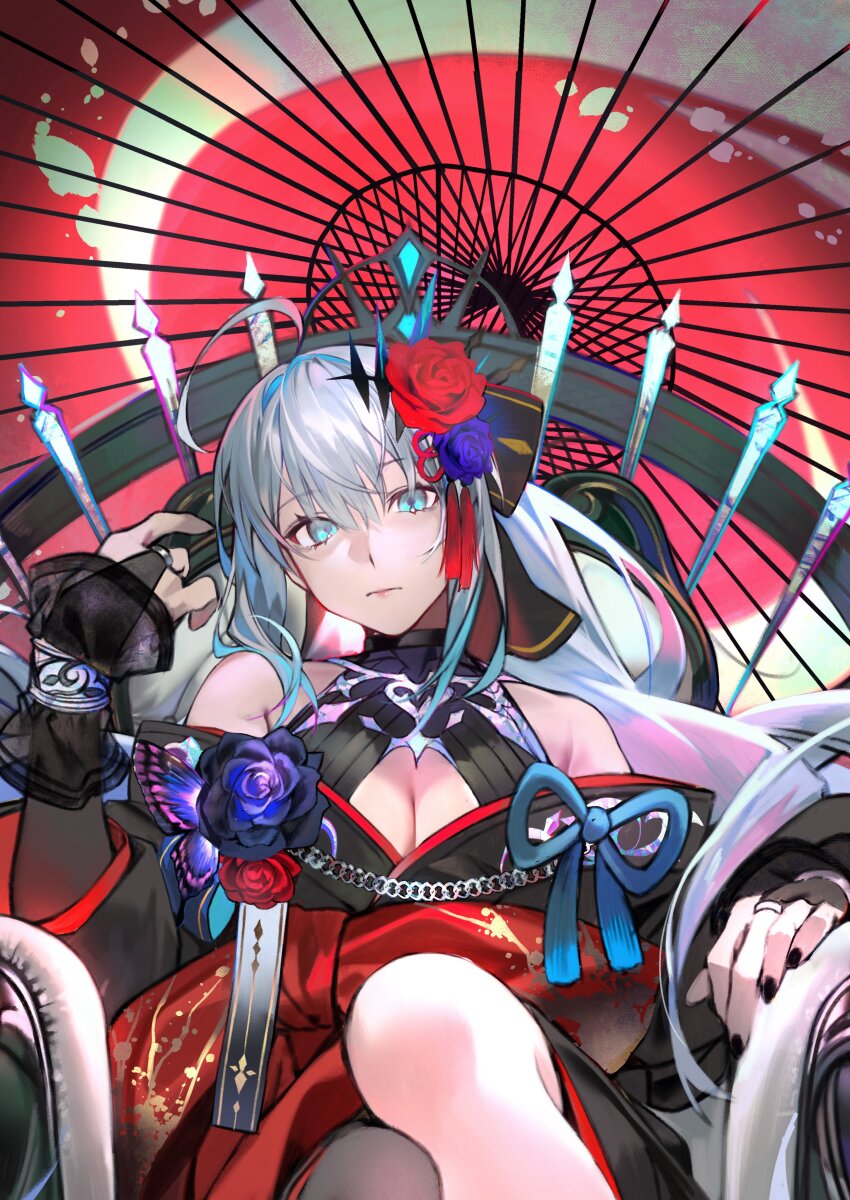 1girl absurdres bare_shoulders black_kimono black_nails blue_eyes breasts bridal_gauntlets cleavage dress fate/grand_order fate_(series) flower hair_flower hair_ornament hair_ribbon hand_up highres hiro_(hirohiro_gorira) japanese_clothes kimono kimono_partially_removed long_hair looking_at_viewer morgan_le_fay_(fate) ponytail ribbon sidelocks sitting solo white_hair