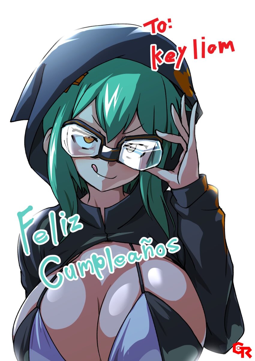 1girl akeikou bikini black_bikini black_jacket breasts brown_eyes digimon digimon_world_re:digitize gift_art goggles green_hair highres hood hood_up hooded_jacket huge_breasts jacket multicolored_bikini open_clothes open_jacket shinomiya_rina simple_background solo swimsuit tongue tongue_out two-tone_bikini upper_body white_background white_bikini
