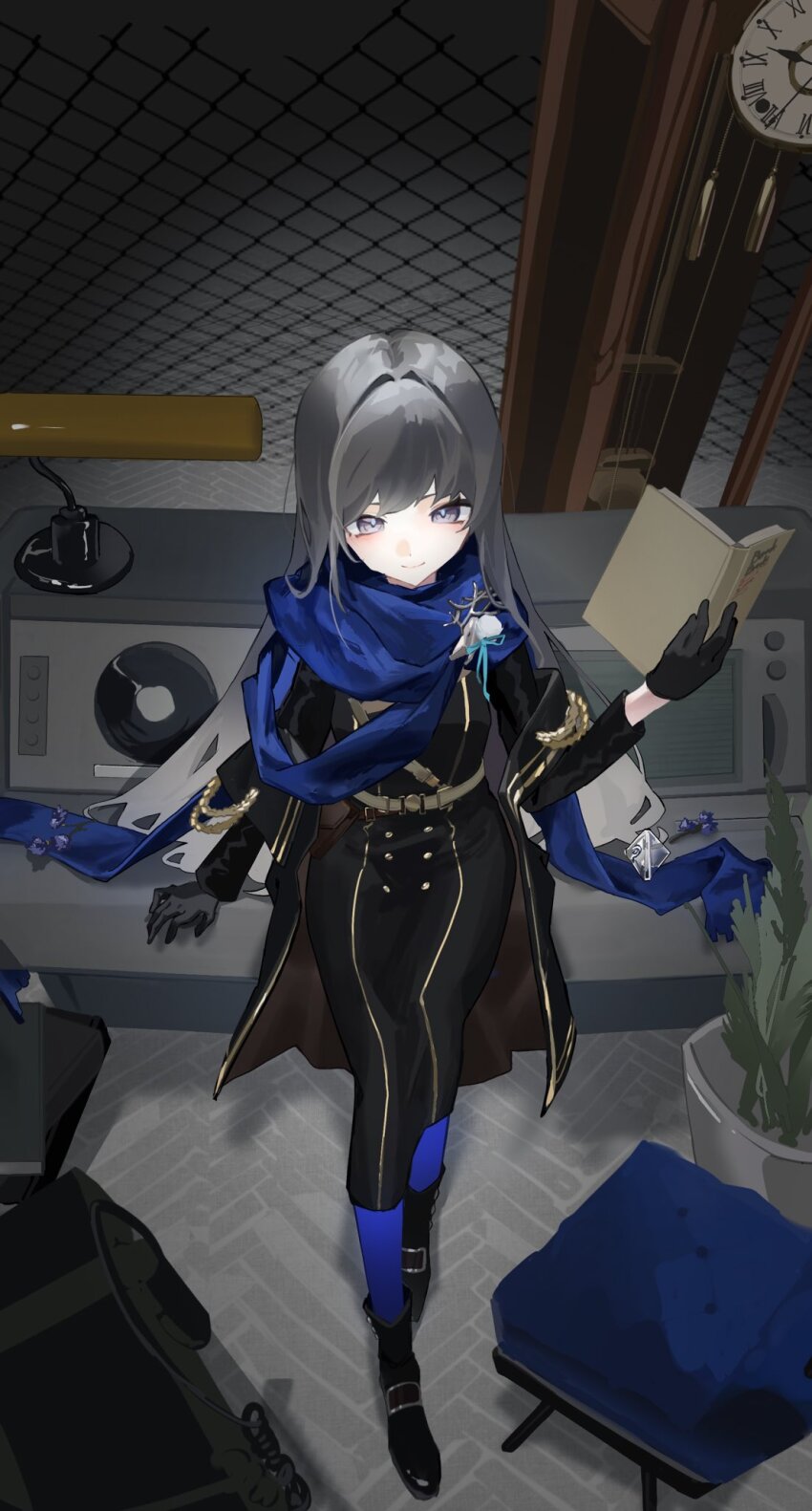 1girl ankle_boots belt bkornblume black_boots black_coat black_dress black_gloves blue_eyes blue_pantyhose blue_scarf book boots buttons chain-link_fence clock coat desk desk_lamp double-breasted dress ea_(rqf9bkkspvlifdr) fence from_above full_body gloves grandfather_clock grey_hair hand_up highres holding holding_book indoors lamp long_dress long_hair looking_at_viewer on_desk open_book pantyhose plant potted_plant reverse:1999 sam_browne_belt scarf sitting smile solo very_long_hair