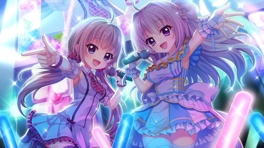 2girls :d ahoge back_bow black_thighhighs blue_eyes bow bracelet breasts concert detached_sleeves dot_nose dress duet falling_feathers feathers film_grain finger_gun game_cg gloves glowstick hair_intakes hair_ornament hair_scrunchie heart holding holding_microphone itsumura_haruka izumi_tsubasu jewelry large_bow light_brown_hair long_hair looking_at_viewer low_twintails medium_breasts microphone mole mole_under_each_eye mole_under_eye multiple_girls multiple_moles necktie non-web_source off-shoulder_dress off_shoulder official_art open_mouth outstretched_arm plaid_clothes plaid_necktie plaid_scrunchie pointing purple_eyes purple_hair re:stage! red_necktie red_scrunchie screen scrunchie shiratori_amaha_(re:stage!) short_necktie short_sleeves single_wrist_cuff small_breasts smile sparkle stage_lights thighhighs twintails white_dress white_feathers white_gloves white_sleeves white_thighhighs white_wrist_cuffs wrist_cuffs zettai_ryouiki
