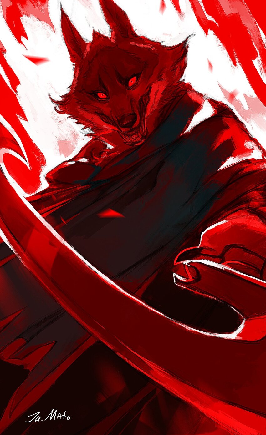 1boy animal_ears animal_nose artist_name cloak death_(puss_in_boots) glowing glowing_eyes highres holding holding_weapon hood hooded_cloak julia_the_dragon_cat looking_at_viewer puss_in_boots:_the_last_wish red_eyes red_theme sharp_teeth shrek_(series) sickle solo teeth weapon