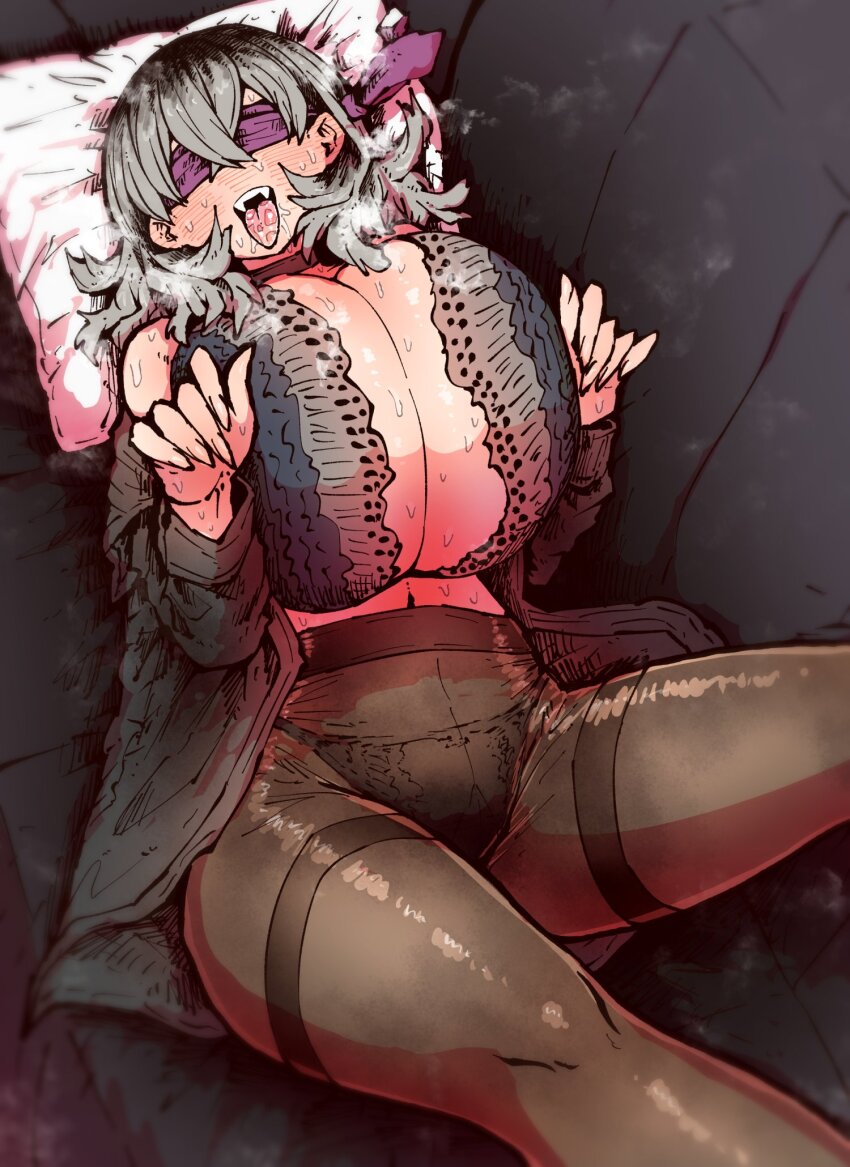 1girl aroused bare_shoulders black_choker black_shirt blindfold blush bra breasts breasts_squeezed_together choker cleavage collarbone colored_blindfold couch covered_eyes cushion fangs formal_clothes grey_hair highres huge_breasts indoors lace lace_bra lace_panties long_hair looking_at_viewer lying necktie on_couch open_mouth panties pantyhose pillow purple_necktie shiba_natsuki shirt skirt skirt_suit smile solo ss_kabushikigaisha steaming_body suit sweat underwear zyugoya