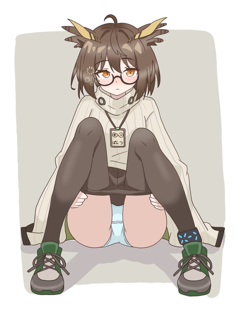 1girl absurdres ahoge arknights black-framed_eyewear blush brown_hair brown_pantyhose closed_mouth clothes_pull commentary drunk eggplant7217 full_body glasses green_shoes grey_sweater highres infection_monitor_(arknights) knees_up looking_at_viewer one-hour_drawing_challenge orange_eyes panties pantyhose pantyhose_pull rhine_lab_logo semi-rimless_eyewear shoes short_hair silence_(arknights) sitting solo squeans sweater turtleneck turtleneck_sweater under-rim_eyewear underwear white_panties