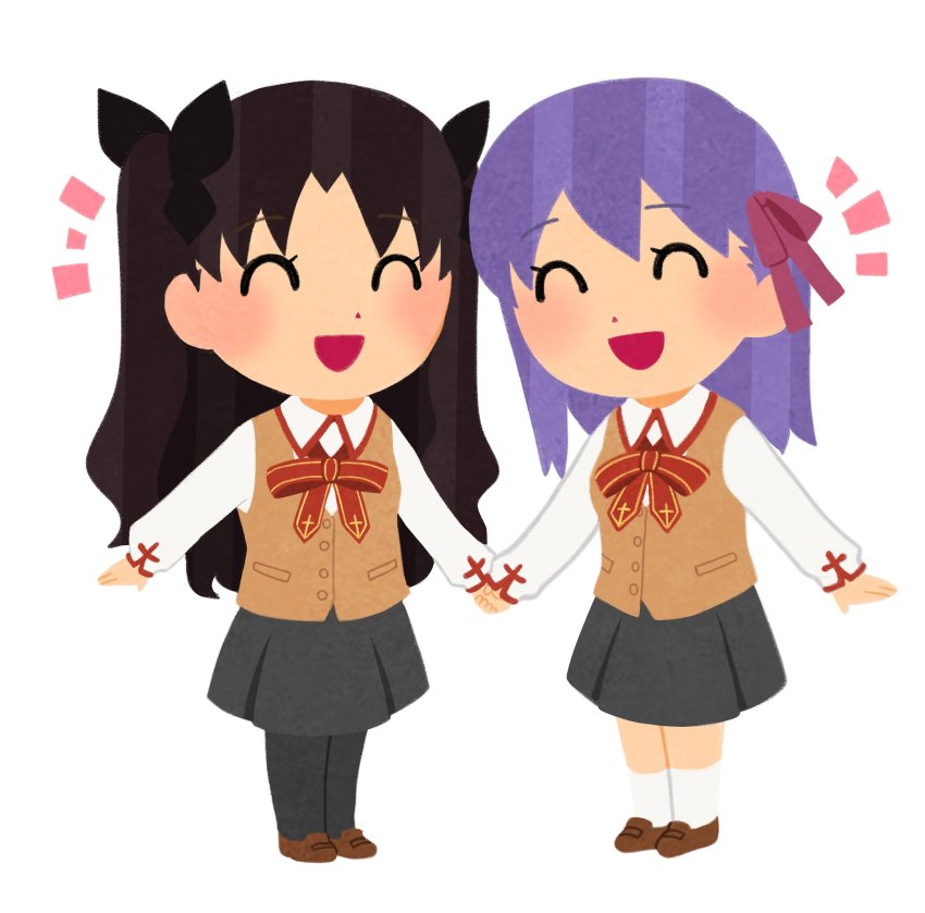 2girls black_bow black_hair black_legwear black_skirt bow brown_footwear brown_vest chibi closed_eyes collared_shirt commentary_request cross cross_print fate/stay_night fate_(series) hair_between_eyes hair_bow hair_ribbon highres holding holding_hands homurabara_academy_school_uniform loafers long_sleeves matou_sakura miniskirt multiple_girls neck_ribbon open_mouth pantyhose parody parted_bangs pink_ribbon purple_hair red_ribbon ribbon school_uniform shirt shoes siblings simple_background sisters skirt smile style_parody tohsaka_rin tsubuta_hiro two_side_up vest white_background white_legwear white_shirt