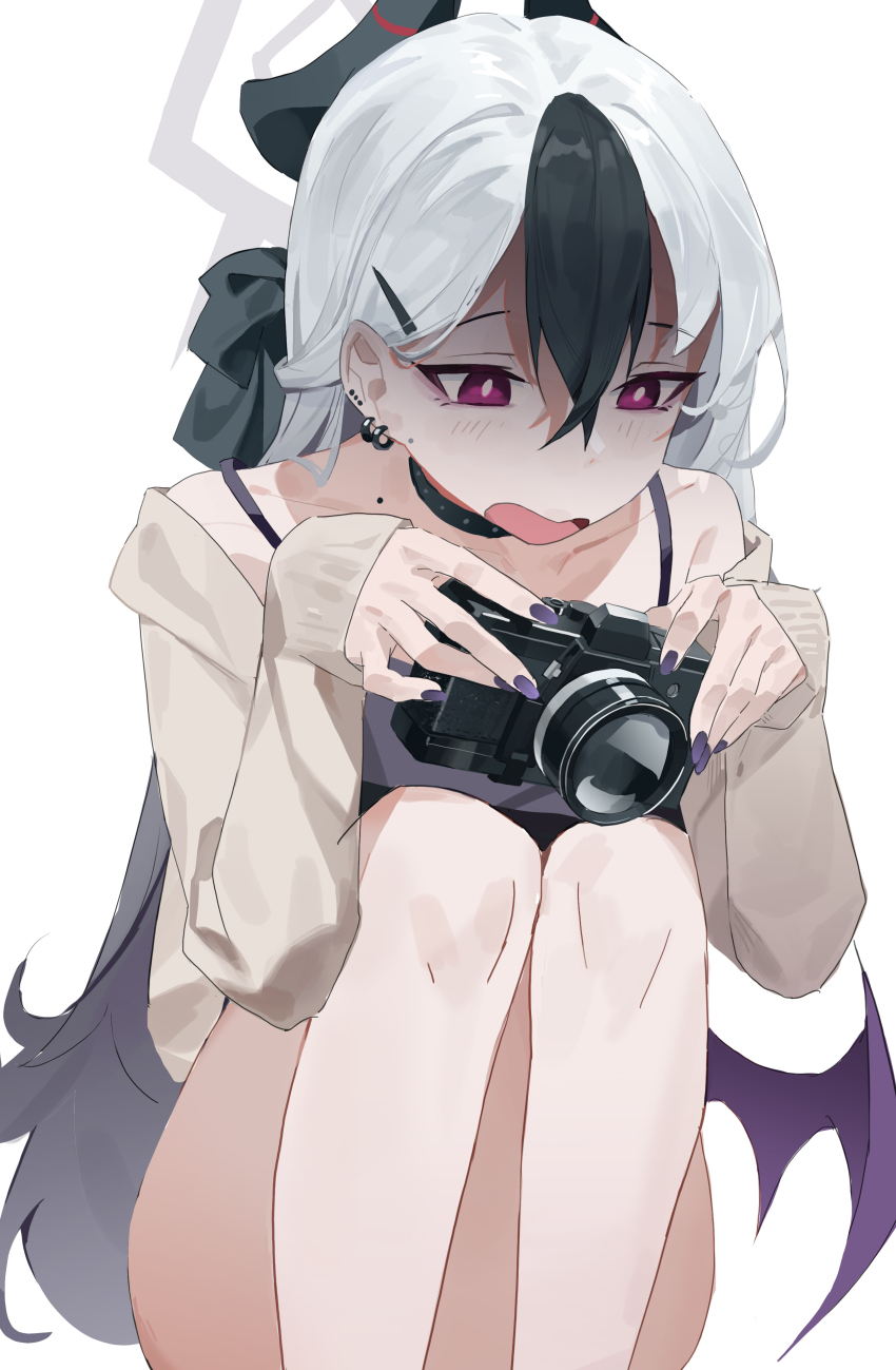 1girl absurdres bare_shoulders black_choker black_dress black_hair black_horns black_ribbon blue_archive bright_pupils brown_cardigan camera cardigan choker collarbone commentary demon_horns demon_wings dress ear_piercing fanshuimucishen fingernails grey_halo hair_behind_ear hair_between_eyes hair_ribbon halo highres holding holding_camera horns kayoko_(blue_archive) kayoko_(dress)_(blue_archive) knees_up long_hair long_sleeves low_wings mole mole_on_neck multicolored_hair off_shoulder official_alternate_costume open_cardigan open_clothes open_mouth piercing purple_eyes purple_nails purple_wings ribbon shaded_face simple_background single_wing sitting sleeveless sleeveless_dress sleeves_past_wrists solo spaghetti_strap streaked_hair striped_horns tsurime two-tone_hair very_long_hair white_background white_hair white_pupils wings