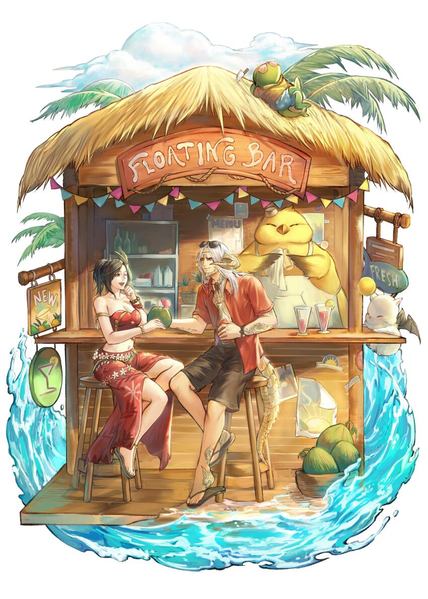 1boy 1girl absurdres apron au_ra basket bat_wings black_eyes black_hair black_shorts black_wings blue_shorts bottle bracelet breasts closed_mouth cloud coconut commentary commission creature cup dragon_boy dragon_horns dragon_tail drinking_straw english_commentary english_text eyewear_on_head facial_tattoo fat_chocobo feather_hair_ornament feathers final_fantasy final_fantasy_xiv flip-flops food fruit gem hair_ornament hand_up hat highres holding holding_bottle horns jewelry knife laughing long_hair looking_at_another medium_breasts medium_hair menu moogle navel necklace on_stool one_eye_closed open_clothes open_mouth open_shirt palm_tree parted_bangs pineapple polka_dot polka_dot_shorts ponytail red_gemstone red_sarong red_shirt red_tube_top sandals sarong scales seneka_grafika shirt short_sleeves shorts sidelocks sign simple_background sitting smile strapless sunglasses tail tattoo teeth tonberry tree tube_top warrior_of_light_(ff14) water white_apron white_background white_hair white_hat wings yellow_eyes yellow_shirt