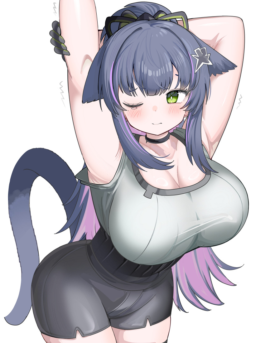 absurdres animal_ears arknights black_choker black_gloves black_hair black_shorts black_tail blush breasts bright_pupils choker cleavage closed_mouth colored_inner_hair commentary cowboy_shot gloves green_eyes grey_tank_top hair_ornament high-waist_shorts highres jessica_(arknights) jessica_the_liberated_(arknights) large_breasts multicolored_hair one_eye_closed pink_hair shorts simple_background sleeveless spam_(spamham4506) standing stretching tail tank_top white_background white_pupils