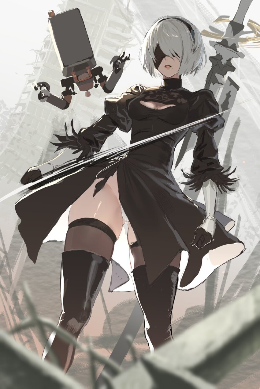 1girl 2b_(nier:automata) ass black_dress black_gloves black_hairband black_thighhighs blindfold boots breasts city cleavage cleavage_cutout clothing_cutout covered_eyes day dress drone dutch_angle feather-trimmed_sleeves feather_trim feet_out_of_frame gloves gluteal_fold hairband highleg highleg_leotard highres holding holding_sword holding_weapon juliet_sleeves katana leotard leotard_peek long_sleeves mole mole_under_mouth nekoyana nier:automata nier_(series) outdoors parted_lips pod_(nier:automata) puffy_sleeves robot scenery short_hair solo standing sword thighhighs thighhighs_under_boots thong_leotard virtuous_contract virtuous_treaty weapon white_hair white_leotard