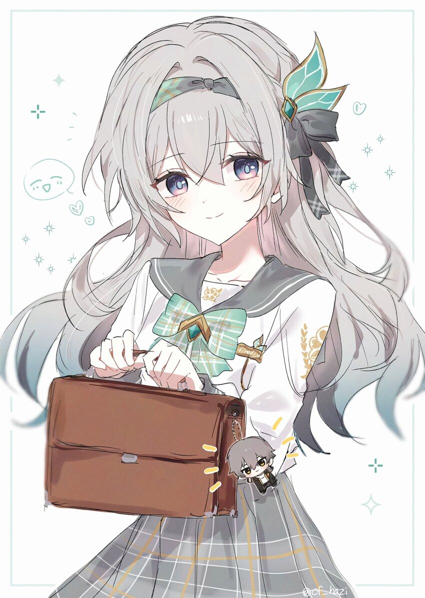 1boy 1girl bag bow bowtie brown_bag caelus_(honkai:_star_rail) closed_mouth collared_shirt crosshair firefly_(honkai:_star_rail) firefly_(spring_missive)_(honkai:_star_rail) gradient_eyes gradient_hair green_bow green_bowtie green_pupils grey_hairband grey_ribbon grey_sailor_collar hair_between_eyes hair_intakes hair_ornament hair_ribbon hairband handbag highres holding holding_bag honkai:_star_rail honkai_(series) hsr_shiro long_hair multicolored_eyes multicolored_hair plaid_bow plaid_bowtie plaid_clothes ribbon sailor_collar shirt simple_background smile sparkle star_(symbol) stuffed_toy trailblazer_(honkai:_star_rail) twitter_username white_background white_shirt