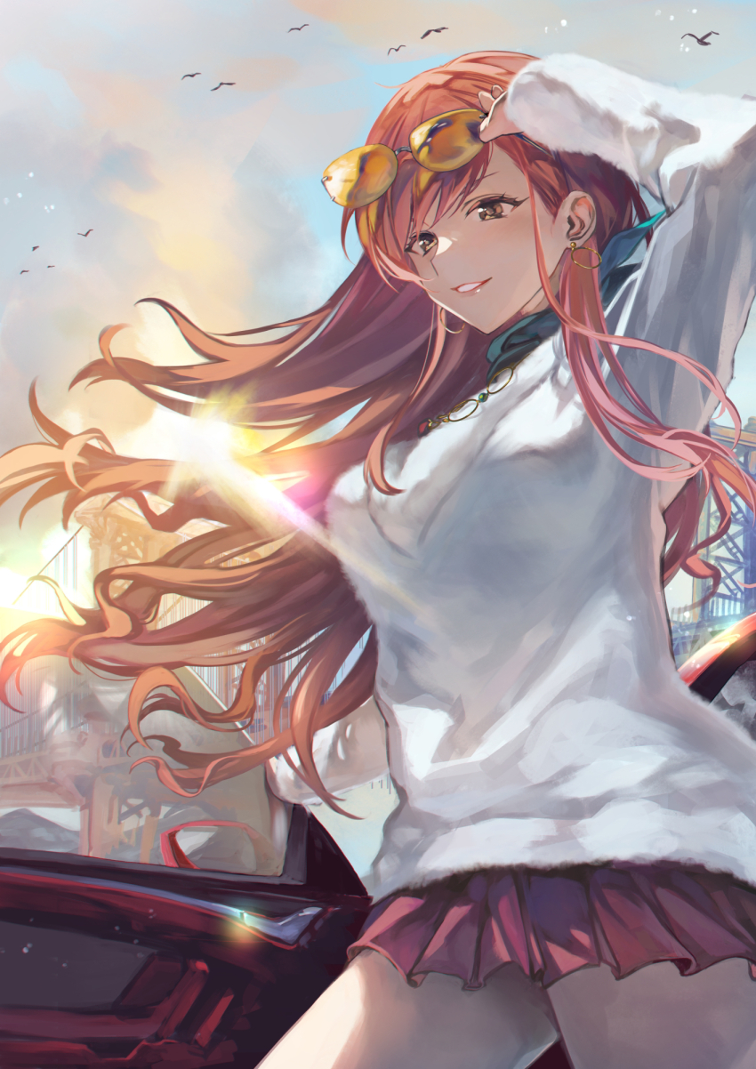 1girl adjusting_eyewear arisugawa_natsuha arm_up breasts bridge brown_eyes car cloud cloudy_sky cowboy_shot earrings eyewear_on_head green_neckerchief hand_on_eyewear highres idolmaster idolmaster_shiny_colors jewelry long_hair medium_breasts miniskirt motor_vehicle neckerchief orange_hair otsudou pleated_skirt red_skirt simple_bird skirt sky smile solo sunglasses suspension_bridge sweater white_sweater