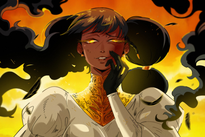 1girl black_gloves black_hair braid bruise dark-skinned_female dark_skin desscaras eyelashes gloves hair_down hair_half_undone hand_on_own_cheek hand_on_own_face high_collar highres injury juliet_sleeves long_hair long_sleeves looking_at_viewer madan_no_ichi puffy_sleeves shirt single_braid single_sidelock smile smirk solo upper_body white_shirt yellow_eyes