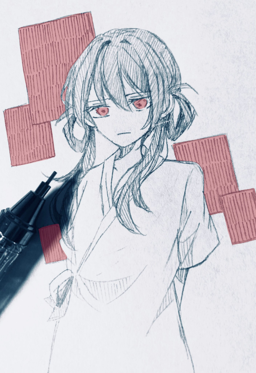 1girl arms_behind_back art_tools_in_frame grey_hair highres long_hair mama_ni_aitai oyuirasuto red_eyes sad sanbanme_(unimura) short_sleeves simple_background sketch traditional_media twintails worried