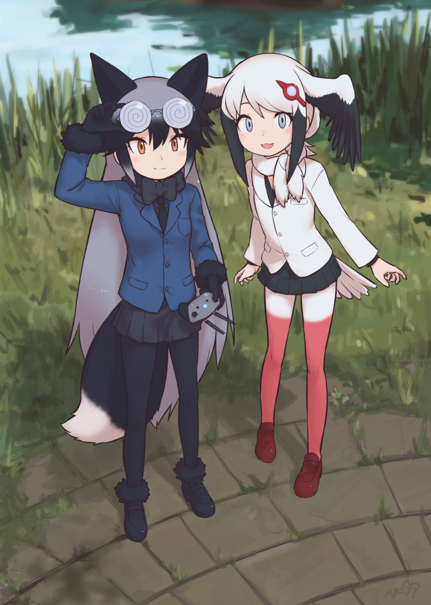 2girls :3 adjusting_eyewear animal_ears bird_girl bird_tail bird_wings black_bow black_bowtie black_footwear black_fur black_gloves black_hair black_necktie black_pantyhose black_shirt black_skirt blue_eyes blue_jacket blush bow bowtie coke-bottle_glasses extra_ears eyewear_on_head fox_ears fox_girl fox_tail full_body fur_trim glasses gloves grey_hair head_wings highres jacket kemono_friends loafers long_hair long_sleeves multicolored_hair multiple_girls necktie open_mouth orange_eyes oriental_stork_(kemono_friends) pantyhose pleated_skirt red_footwear red_pantyhose rumenia_(ao2is) scarf shirt shoes short_hair sidelocks silver_fox_(kemono_friends) skirt smile tail two-tone_pantyhose white_hair white_jacket white_pantyhose white_scarf wings