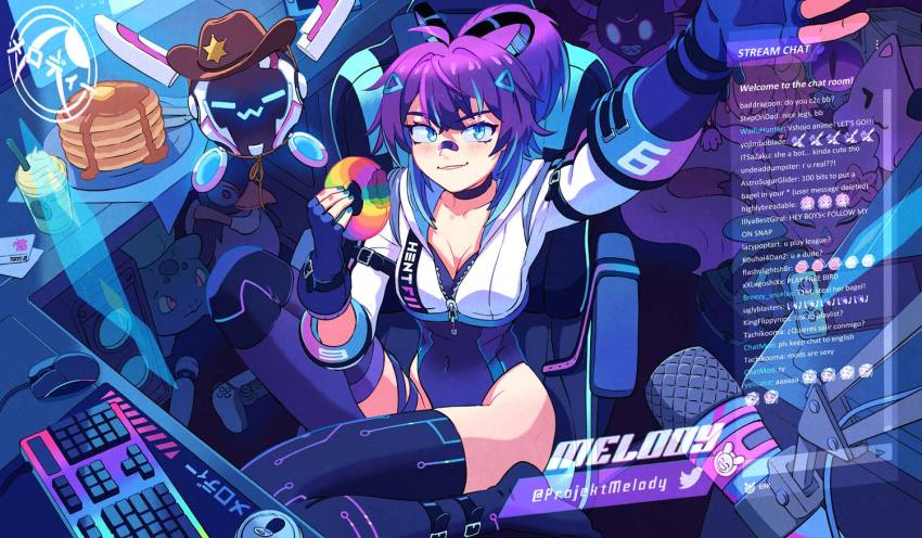 ! !! !? 1girl ? bandaid bandaid_on_face bandaid_on_nose blue_eyes blue_theme breasts bubi_(ironmouse) bulbasaur can chair character_name chat_log choker cleavage commentary computer_keyboard computer_mouse controller covered_navel cowboy_hat cropped_hoodie desk donut emoticon english_commentary english_text fingerless_gloves food gen_1_pokemon gloves hair_between_eyes hat head-mounted_display hitachi_magic_wand holding holding_food holographic_interface hood hood_down hoodie indie_virtual_youtuber indoors kevin_hong leotard melody_(projektmelody) melody_(projektmelody)_(4th_costume) microphone nail_polish nintendo nintendo_switch open_can pancake pancake_stack plate pokemon ponytail purple_hair purple_theme robot sex_toy sheriff_badge sitting stuffed_toy t0m_(projektmelody) thigh_strap thighhighs twitter_logo twitter_username vibrator virtual_youtuber vshojo zentreya