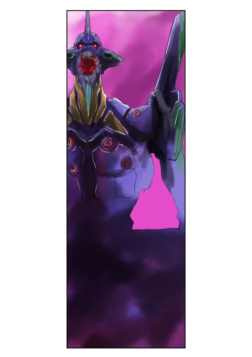border commentary_request eva_01 evangelion:_3.0+1.0_thrice_upon_a_time evangelion_(mecha) highres horns mecha mecha_focus neon_genesis_evangelion no_humans open_mouth partial_commentary rebuild_of_evangelion red_eyes robot single_horn sketch solo split_crop taiga_hiroyuki variant_set white_border