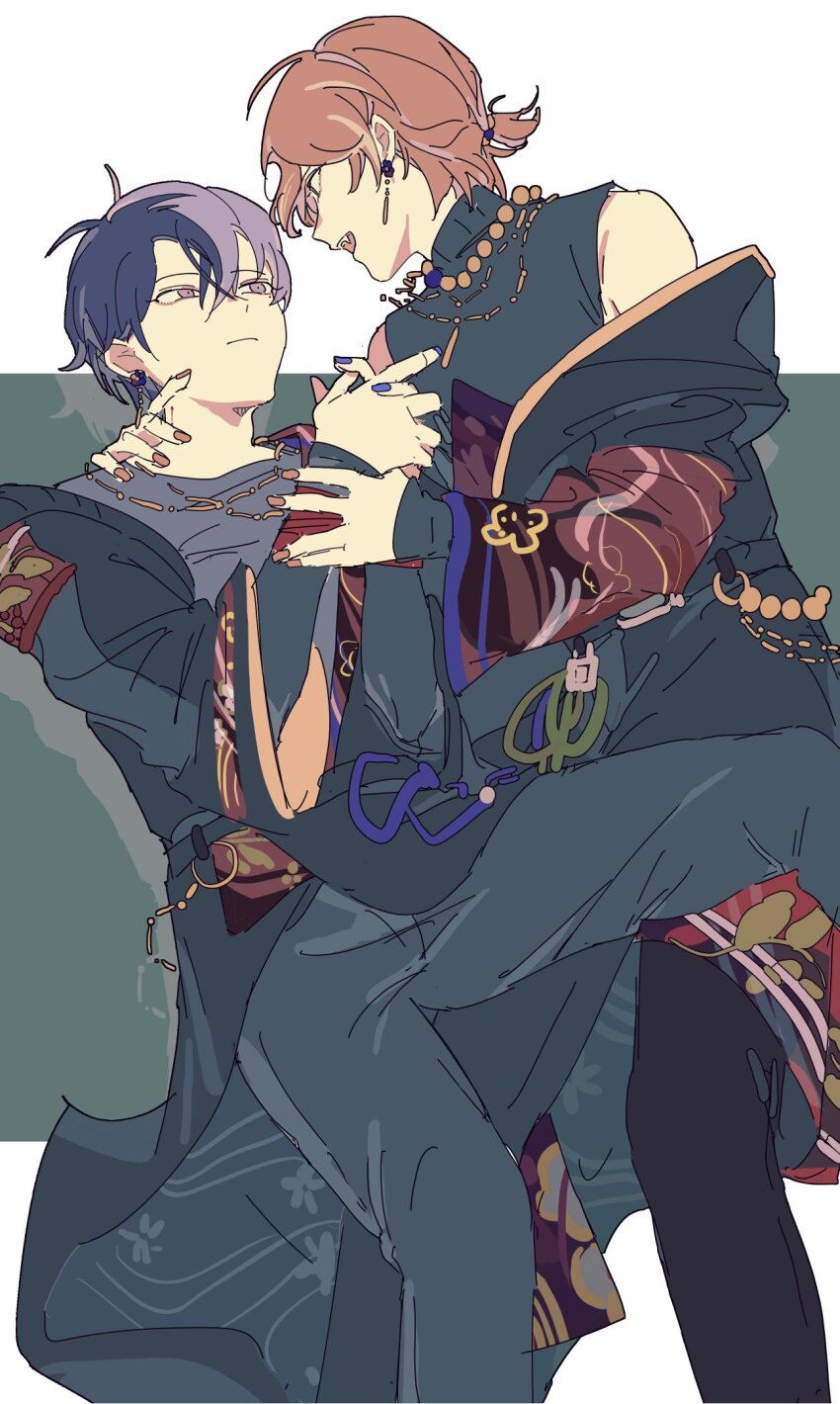 2boys alternate_costume aoyagi_touya bare_shoulders black_pants blue_hair blue_nails dayud11 double-parted_bangs earrings eye_contact fang hair_between_eyes hand_on_another&#039;s_neck hand_on_another&#039;s_wrist highres jewelry long_sleeves looking_at_another male_focus multicolored_hair multiple_boys nail_polish necklace open_mouth orange_hair orange_nails pants piercing pink_eyes ponytail project_sekai shinonome_akito short_ponytail sleeveless sleeves_past_wrists split-color_hair yaoi