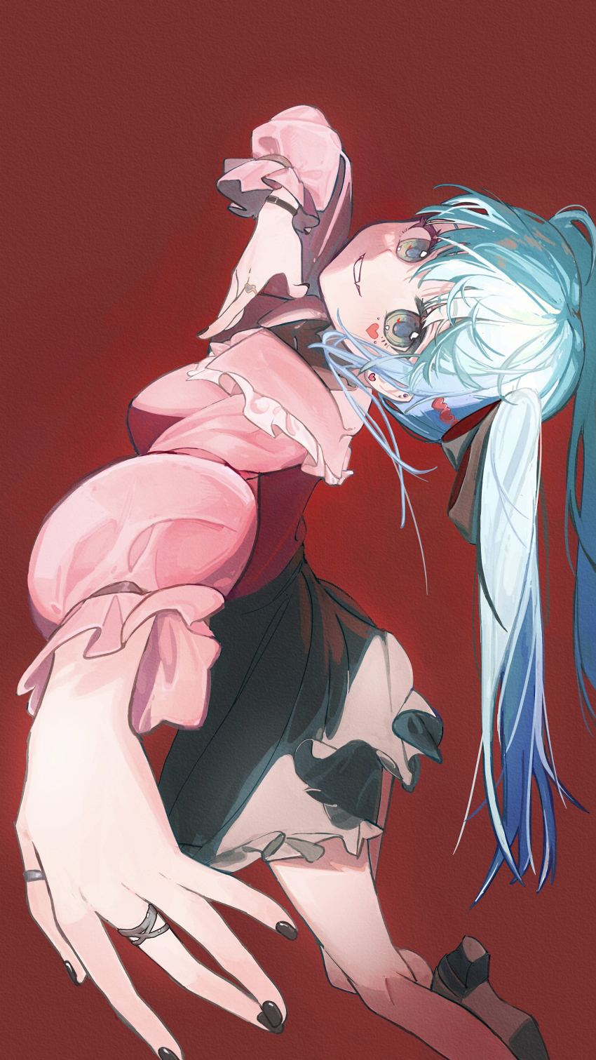 1girl absurdres aqua_hair black_nails black_skirt earrings facial_mark foreshortening hand_on_own_chest hatsune_miku heart heart_earrings heart_facial_mark highres jewelry jirai_kei leaning_back looking_at_viewer multiple_piercings multiple_rings nail_polish outstretched_arm pink_shirt red_background ring shirt simple_background skirt smile solo vampire_(vocaloid) vocaloid wusubamineko