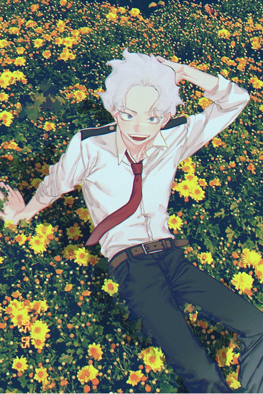1boy arm_support bandaid bandaid_on_face bandaid_on_nose belt black_pants blue_eyes boku_no_hero_academia brown_belt collared_shirt field flower flower_field hand_up highres looking_at_viewer loud_cloud male_focus necktie oru_2ji pants red_necktie school_uniform shirt solo u.a._school_uniform white_hair white_shirt