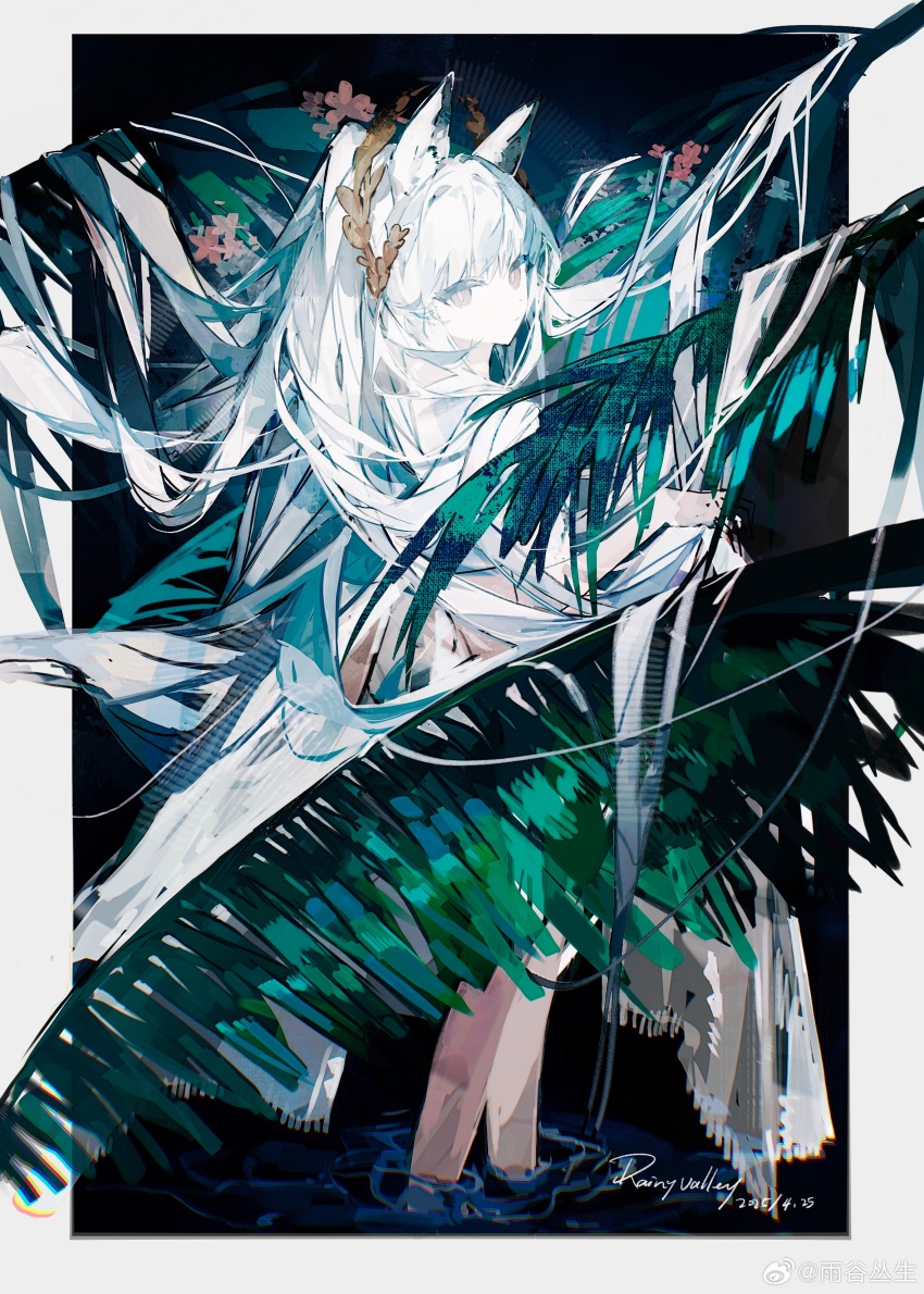 1girl absurdres animal_ears arknights artist_name buqiyong clothes_lift dated dress dress_lift green_eyes highres horse_ears horse_girl in_water laurel_crown long_hair looking_at_viewer looking_back platinum_(arknights) platinum_(shimmering_dew)_(arknights) ponytail signature solo standing white_dress white_hair