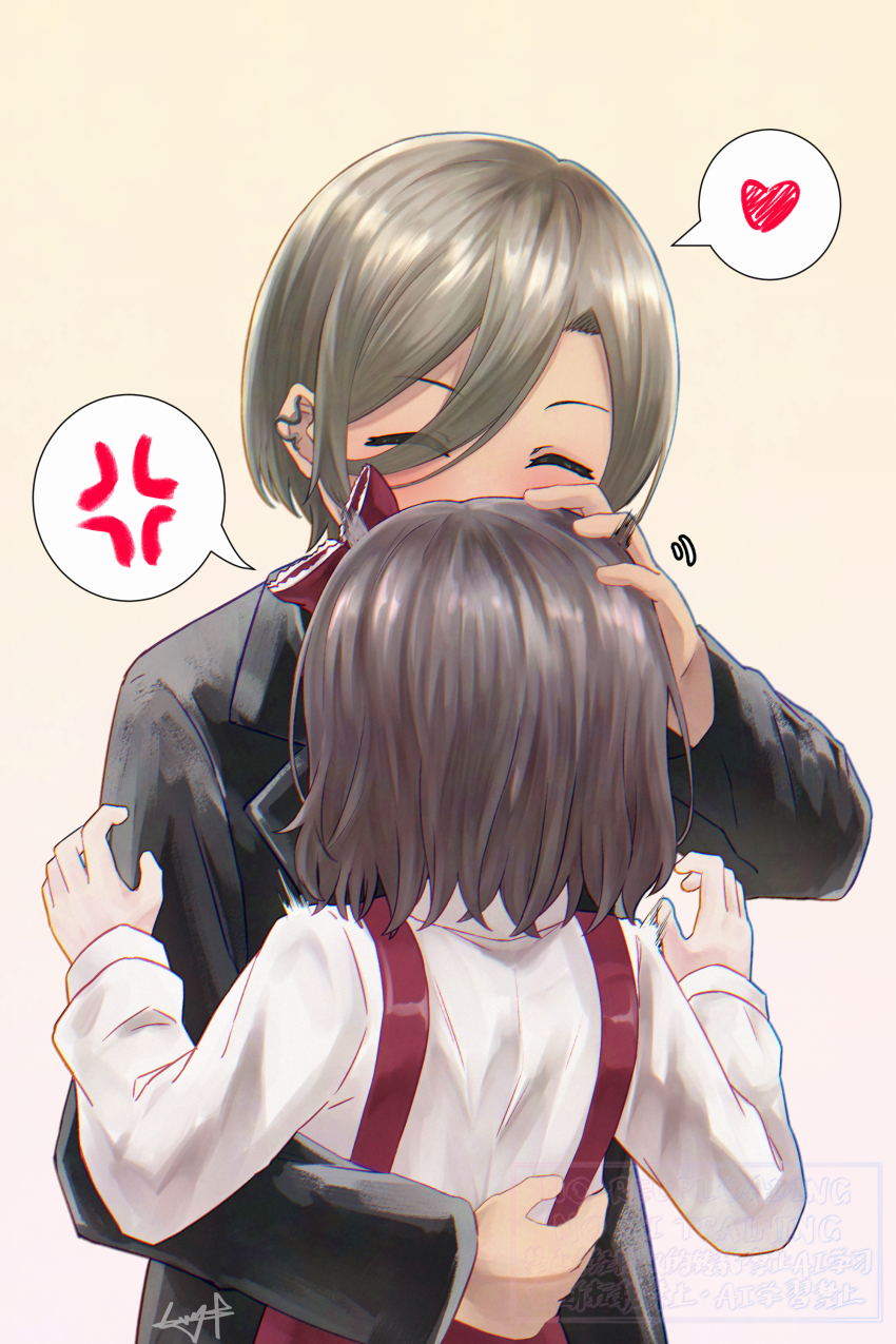 2girls absurdres anger_vein black_jacket bow brown_hair censored commentary ear_piercing ebizuka_tomo girls_band_cry hair_between_eyes hair_bow heart highres hug jacket long_hair_between_eyes long_sleeves mosaic_censoring multicolored_hair multiple_girls mutsuki_(mutsuki0110) piercing red_bow roots_(hair) rupa_(girls_band_cry) shirt spoken_anger_vein spoken_heart white_shirt yuri