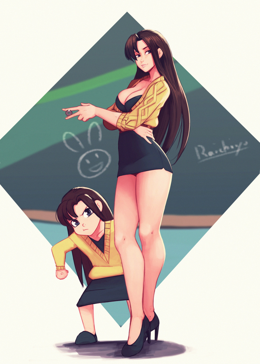 2girls absurdres age_progression artist_name between_fingers black_dress black_eyes black_footwear breasts brown_hair chalkboard cleavage clenched_hand coin dress hair_behind_ear high_heels highres holding holed_coin long_hair looking_at_viewer looking_to_the_side medium_breasts multiple_girls ninomiya_hinako pout raichiyo33 ranma_1/2 smirk v