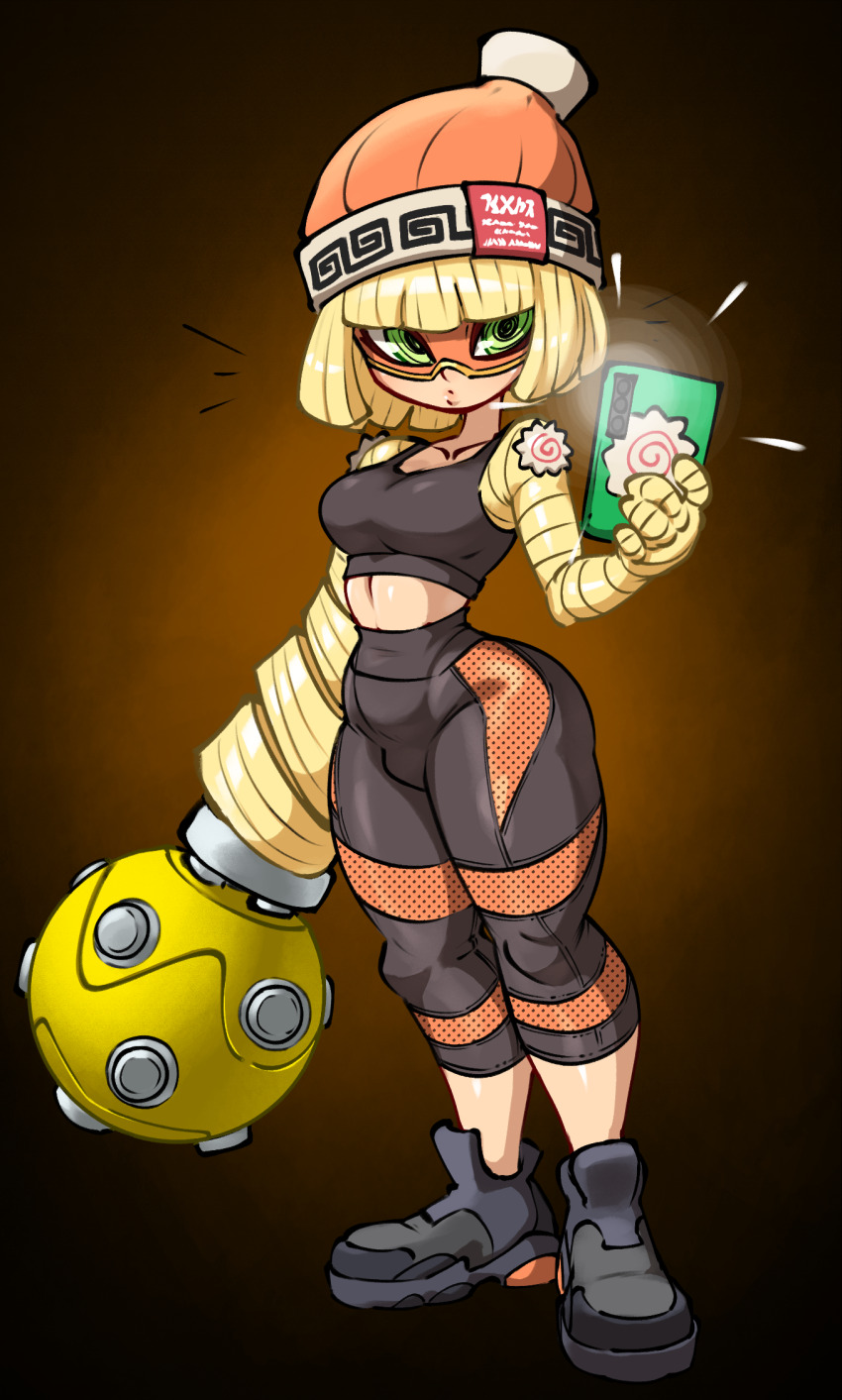 1girl @_@ arms_(game) beanie blonde_hair crop_top domino_mask fat_mons green_eyes hat highres holding holding_phone jellot leggings mask megawatt_(arms) min_min_(arms) phone solo thick_thighs thighs wide_hips