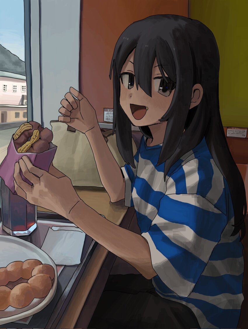 1girl black_eyes black_hair blue_shirt donut eating food from_side hair_between_eyes highres indoors long_hair looking_at_viewer looking_to_the_side obon_(ensoku_300en) open_mouth original pon_de_ring shirt short_sleeves smile solo striped_clothes striped_shirt window