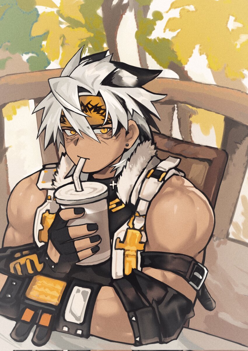1boy arknights bara biceps black_gloves black_shirt blood_w cador_(arknights) cup drinking drinking_straw drinking_straw_in_mouth fingerless_gloves gloves headband highres holding holding_cup looking_at_viewer male_focus multicolored_hair muscular muscular_male shirt sitting sleeveless sleeveless_shirt upper_body vest white_vest yellow_headband