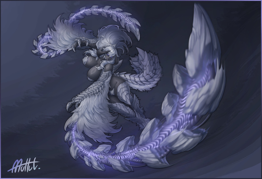 1girl absurdres arkveld artist_name bare_shoulders black_background black_horns breasts clawed_hands claws dark-skinned_female dark_skin dragon dragon_girl full_body furry furry_female groin highres horns huge_breasts monster_girl monster_hunter_(series) monster_hunter_wilds muhut personification scales simple_background solo tail white_fur