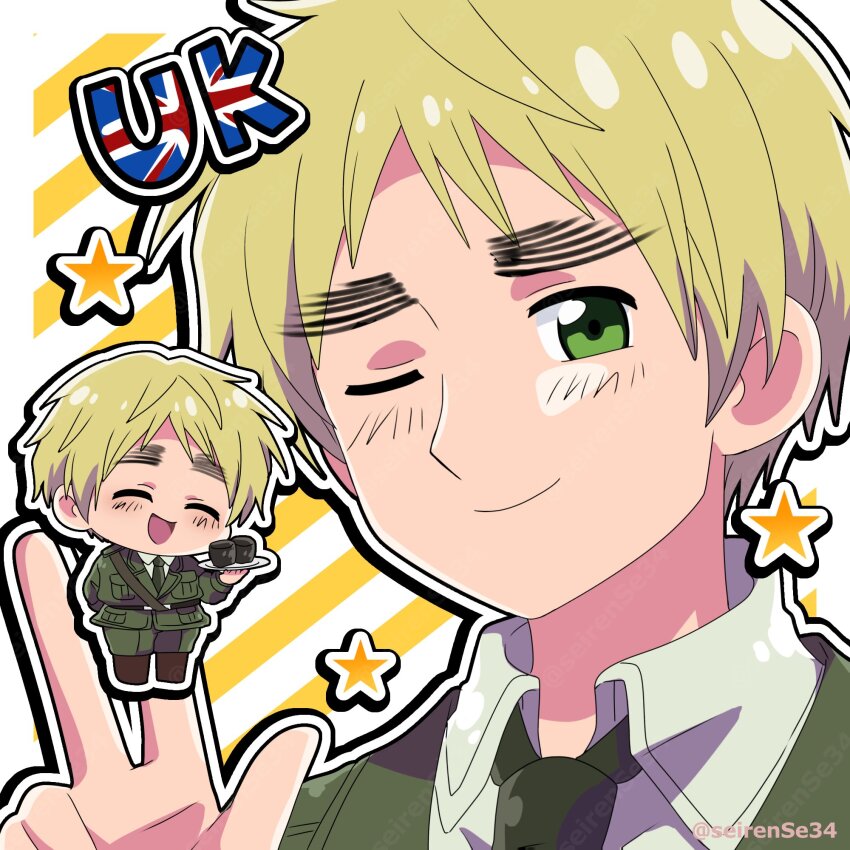1boy artist_name axis_powers_hetalia baggy_pants belt black_belt blonde_hair blush boots border breast_pocket brown_boots chibi chibi_inset closed_eyes closed_mouth collared_shirt cup green_eyes green_jacket green_necktie green_pants highres himaruya_hidekazu_(style) holding holding_tray jacket lapels long_sleeves looking_at_viewer military_jacket military_uniform multiple_views necktie one_eye_closed open_mouth outside_border pants pocket puffy_long_sleeves puffy_sleeves seirense34 shirt short_hair smile star_(symbol) striped_background tray united_kingdom_(hetalia) upper_body w watermark white_background white_border white_shirt