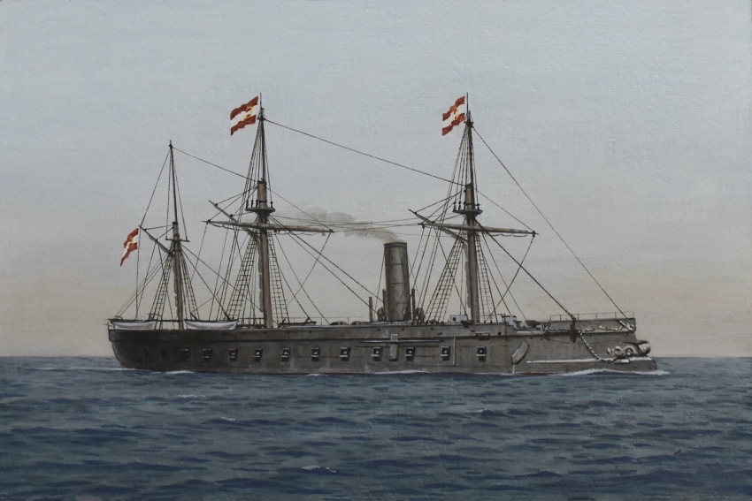 acrylic_paint_(medium) atelier_bono austro-hungarian_navy blue_sky cannon cloud flag highres ironclad mast military_vehicle no_humans ocean original painting_(medium) ship ship_turret sky smokestack sms_drache_(1861) traditional_media vehicle_focus warship watercraft weapon