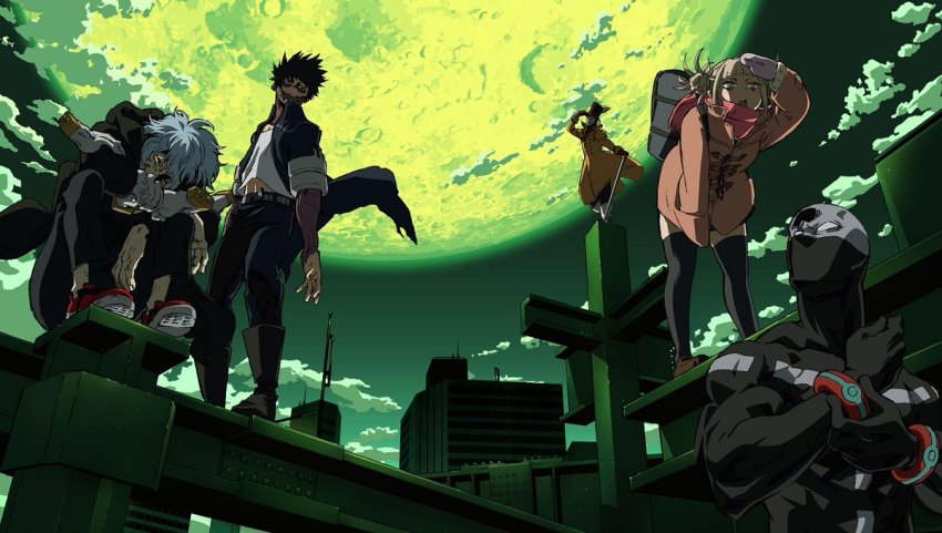 1girl 4boys belt black_footwear black_hair black_jacket black_pants black_thighhighs blonde_hair bodysuit boku_no_hero_academia boots brown_jacket bubaigawara_jin building burn_scar cloud dabi_(boku_no_hero_academia) facial_scar full_moon gloves grey_hair hair_bun hat jacket mask moon moonlight mr._compress multiple_boys nakamura_yutaka night night_sky official_art pale_skin pants pink_scarf red_footwear scar scar_across_eye scar_on_cheek scar_on_face scarf shigaraki_tomura shirt shoes single_hair_bun sitting sky skyscraper thighhighs toga_himiko white_shirt