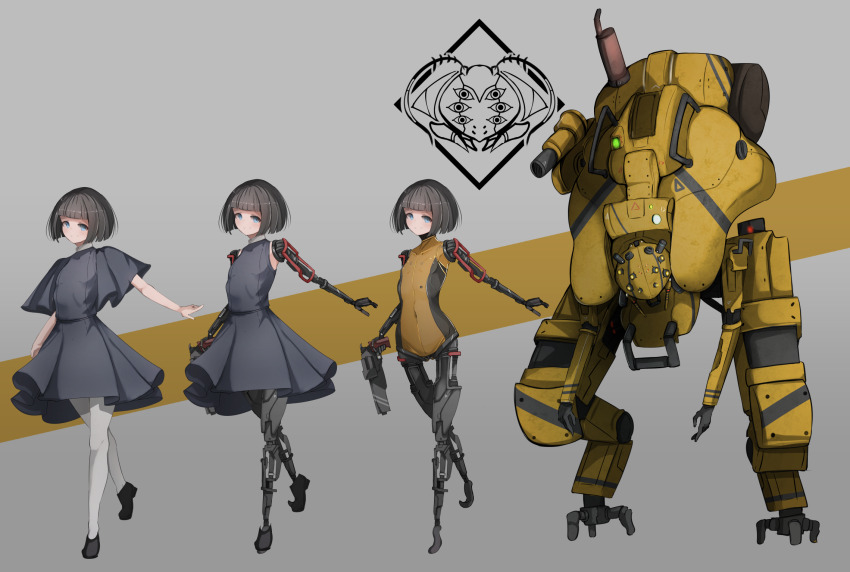 1girl artistic_error black_capelet black_dress black_hair blue_eyes bodysuit capelet commentary_request cyborg dress flat_chest full_body gun highres holding holding_gun holding_weapon mecha mecha_pilot_suit melnik orange_bodysuit original pantyhose prosthesis prosthetic_arm prosthetic_leg robot science_fiction short_hair sleeveless sleeveless_dress weapon white_pantyhose