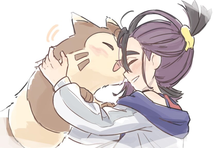 1boy black_hair blush closed_eyes from_side furret gen_2_pokemon hair_between_eyes highres jacket kieran_(pokemon) long_sleeves male_focus mole mole_on_neck mtitp54 multicolored_hair nintendo nuzzle pokemon pokemon_(creature) pokemon_sv profile purple_hair red_tank_top simple_background tank_top upper_body white_background white_jacket