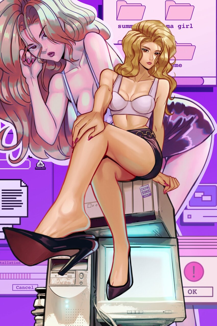 1990s_(style) 1996 1girl black_skirt blonde_hair breasts brown_eyes calvin_sims cleavage computer crossed_legs file golden_boy hand_on_own_knee highres lipstick long_hair looking_at_viewer makeup medium_breasts monitor nail_polish ok_sign onna_shachou pink_nails red_lips retro_artstyle shoe_dangle signature sitting skirt smile solo sticker tank_top wavy_hair