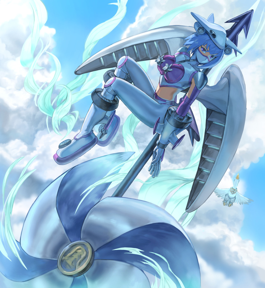 1girl absurdres airplane_hair_ornament blue_hair boots breasts commentary_request digimon digimon_(creature) digimon_frontier gloves highres jetsilphymon level-00 looking_at_viewer mask medium_breasts midriff mouth_mask ninja_mask pants pinwheel purple_eyes thrusters white_footwear white_gloves white_mask white_pants wind