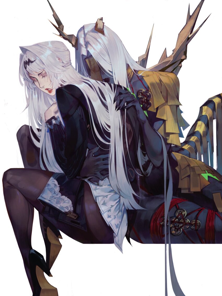black_shoes black_skin bodystocking closed_eyes colored_skin ethereal_(zenless_zone_zero) high_heels highres red_lips shatukawa shoes siblings simple_background sisters skirt spoilers white_skirt yijiang_(zenless_zone_zero) yixuan_(trails_of_ink)_(zenless_zone_zero) yixuan_(zenless_zone_zero) zenless_zone_zero