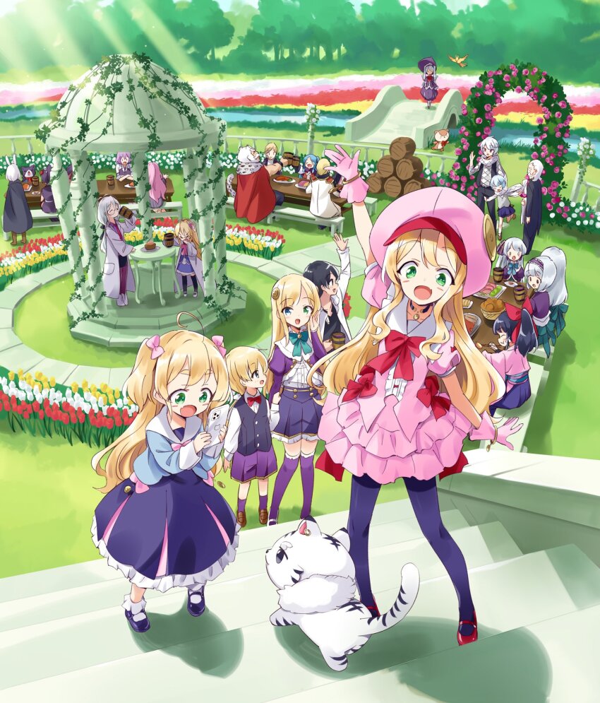 1boy 1girl alcohol beer blonde_hair blue_eyes blush bow dress drunk else_shileska elze_silhoueska everyone food green_eyes hair_between_eyes hair_ornament hairband heterochromia highres isekai_wa_smartphone_to_tomo_ni. kohaku_(isekai_wa_smartphone_to_tomo_ni.) kokonoe_yae leen_(isekai_wa_smartphone_to_tomo_ni.) linse_shileska long_hair looking_at_viewer mochizuki_touya multiple_girls open_mouth party party_popper paula_(isekai_wa_smartphone_to_tomo_ni.) princess short_hair skirt smile solo soucie_elnea_ortlinde table thighhighs tiger usatsuka_eiji white_tiger yumina_elnea_belfast