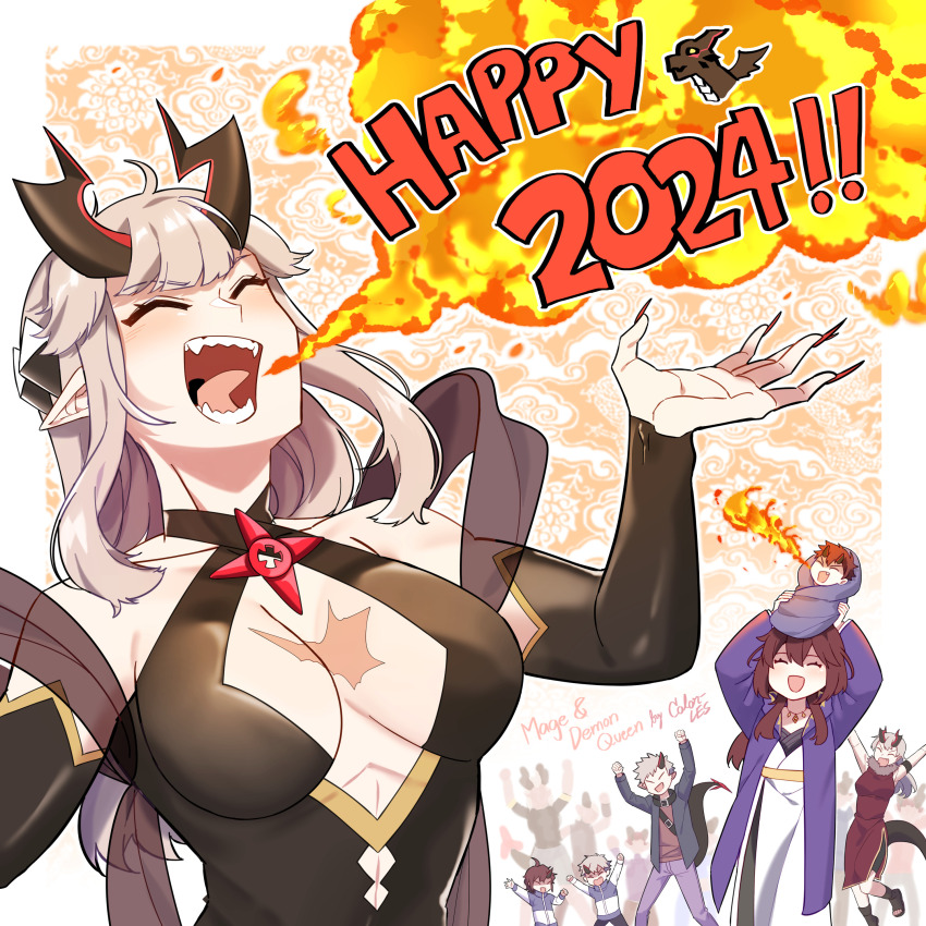 2024 ^_^ absurdres artist_name baby bare_shoulders belt belt_buckle breath_weapon breathing_fire brown_hair buckle character_request child cleavage_cutout closed_eyes clothing_cutout color-les commentary copyright_name detached_sleeves dragon dragon_girl dragon_horns dragon_tail dress english_commentary fang fingernails fire highres horns long_hair mage_and_demon_queen malori_crowett mother_and_son multiple_boys multiple_girls orange_background pale_skin pointy_ears red_dress red_nails scar scar_on_chest sharp_fingernails sharp_teeth single_horn tail teeth v-shaped_eyebrows velverosa white_hair